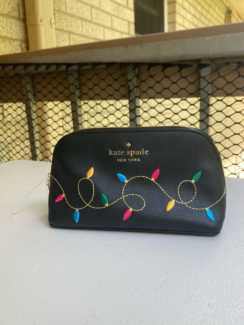Kate Spade Holiday Christmas String Lights Makeup Cosmetics Bag Black Leather